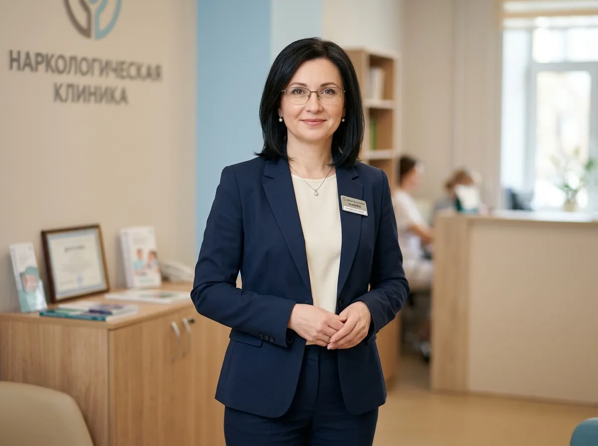 Женщина психолог-консультант Елена Дмитриевна Захарова в деловом костюме, портрет на нейтральном фоне, добрый профессиональный взгляд, наркологическая клиника